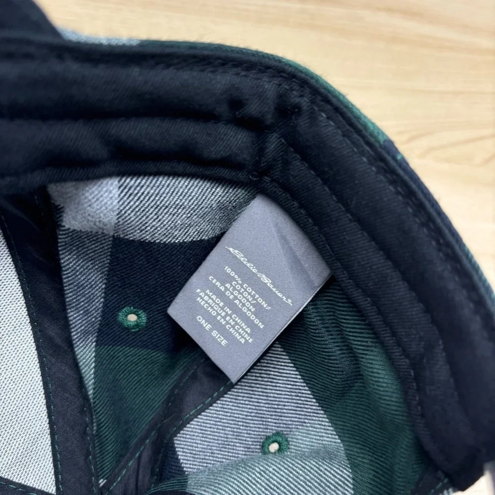 Eddie Bauer Hat Cap‎ Strap Back Green Black Gray Plaid Patch Outdoor Hiking NWT